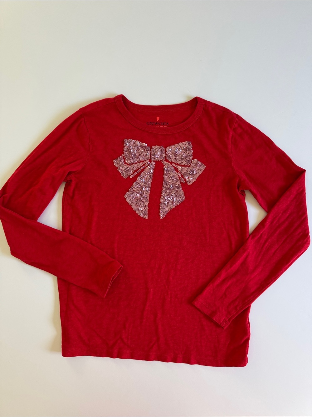 Crewcuts Red Long-Sleeve Tee with Sequin Bow, girls XL (12-14)